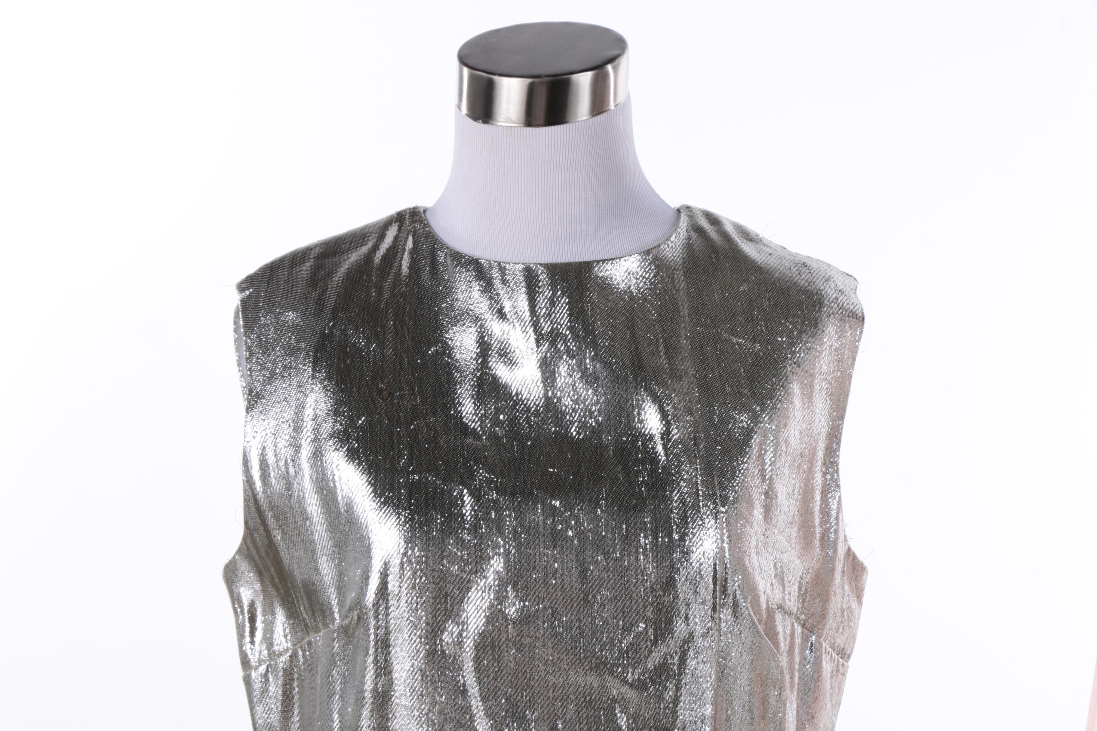 Theatrical Costume Silver Metallic Sleeveless Gown, Embellished Cape & Decor
