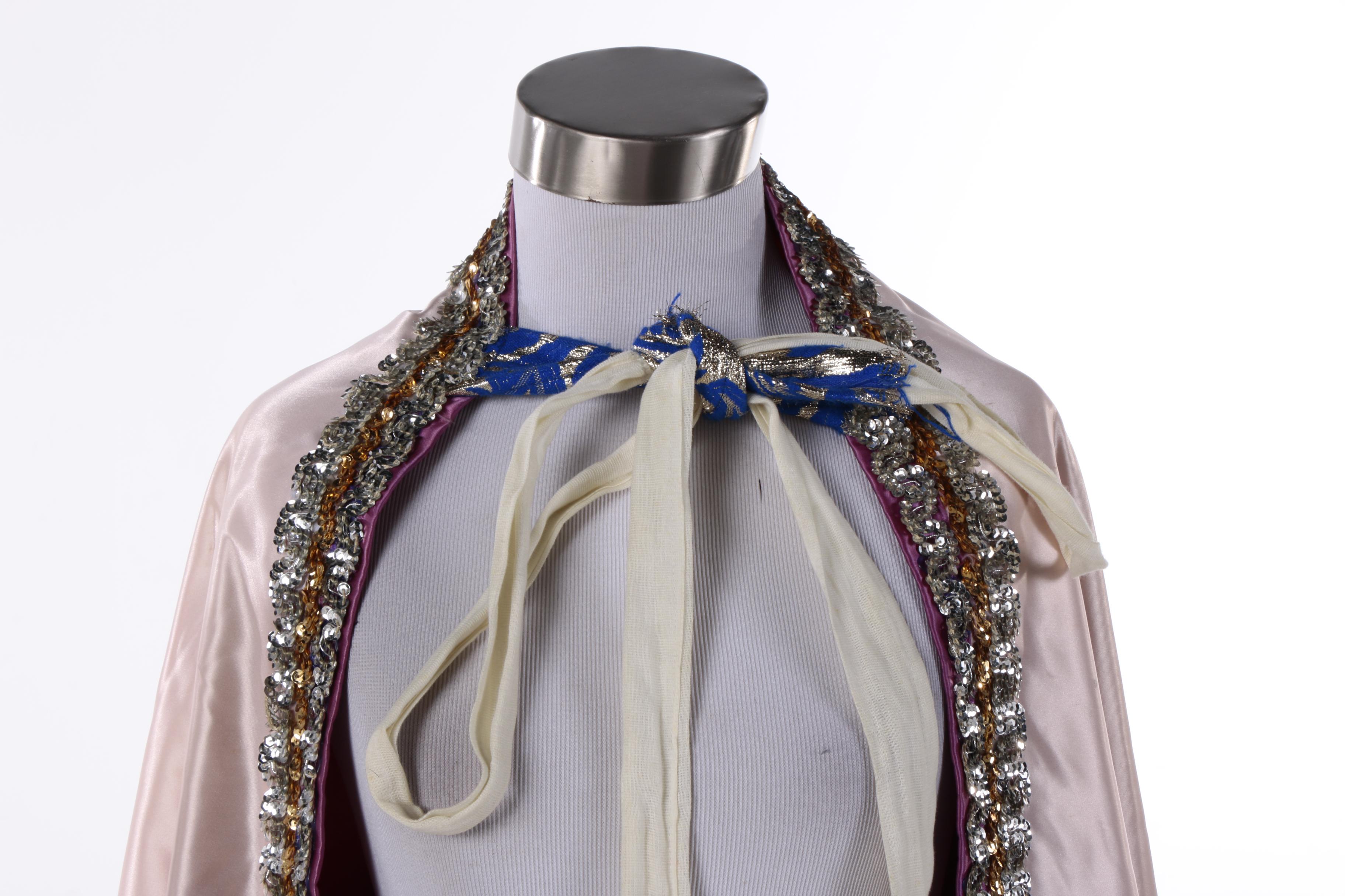 Theatrical Costume Silver Metallic Sleeveless Gown, Embellished Cape & Decor