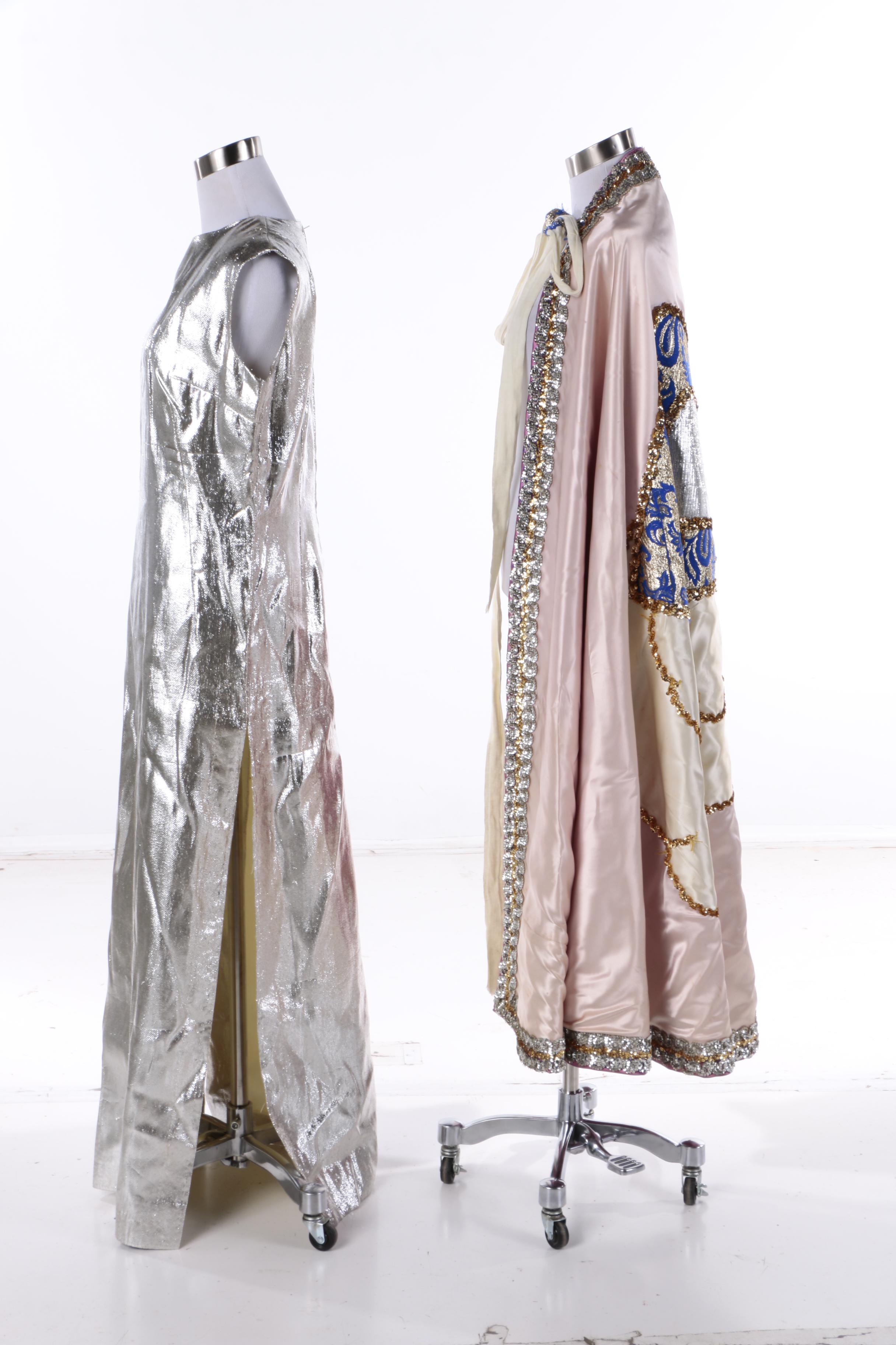 Theatrical Costume Silver Metallic Sleeveless Gown, Embellished Cape & Decor