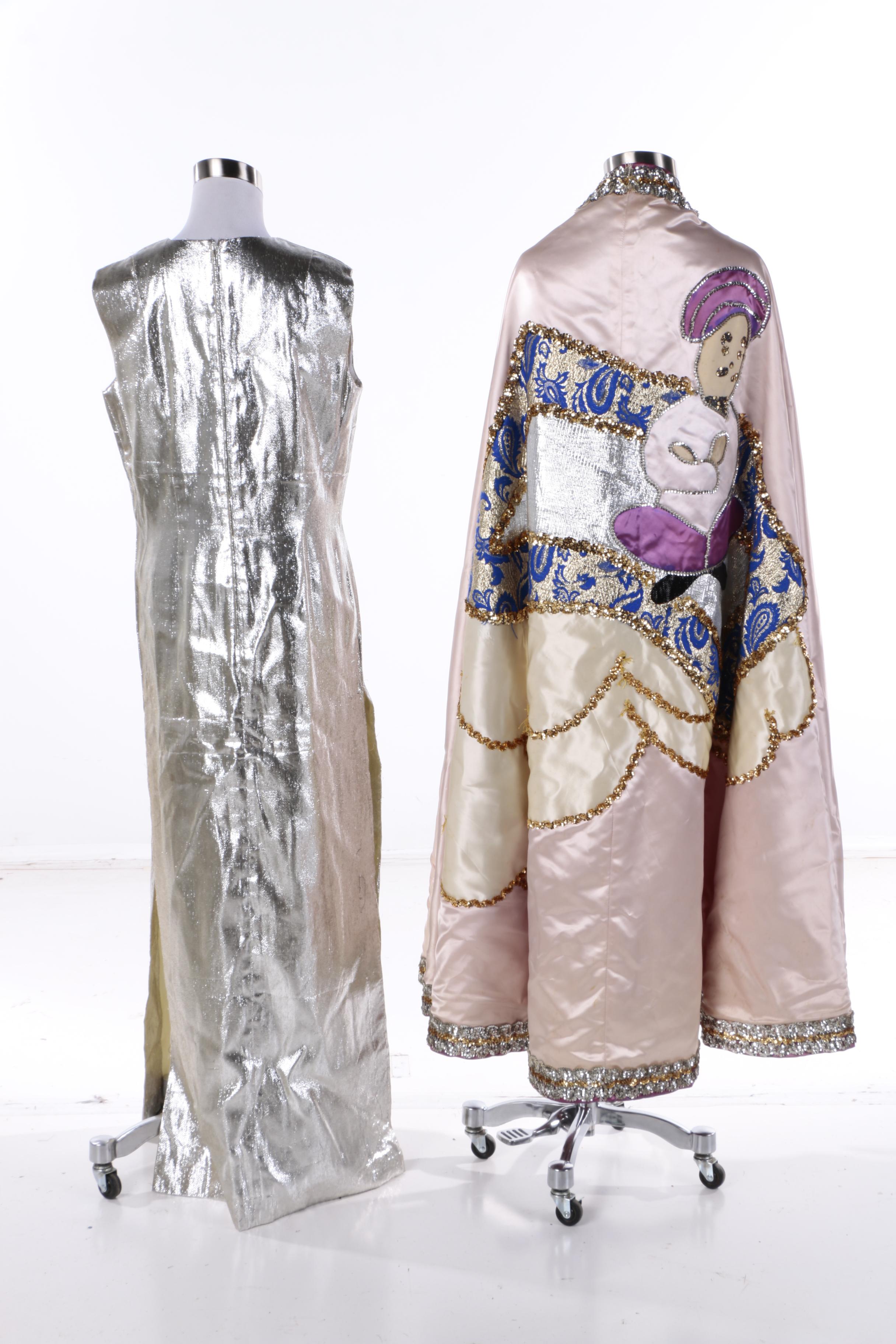 Theatrical Costume Silver Metallic Sleeveless Gown, Embellished Cape & Decor