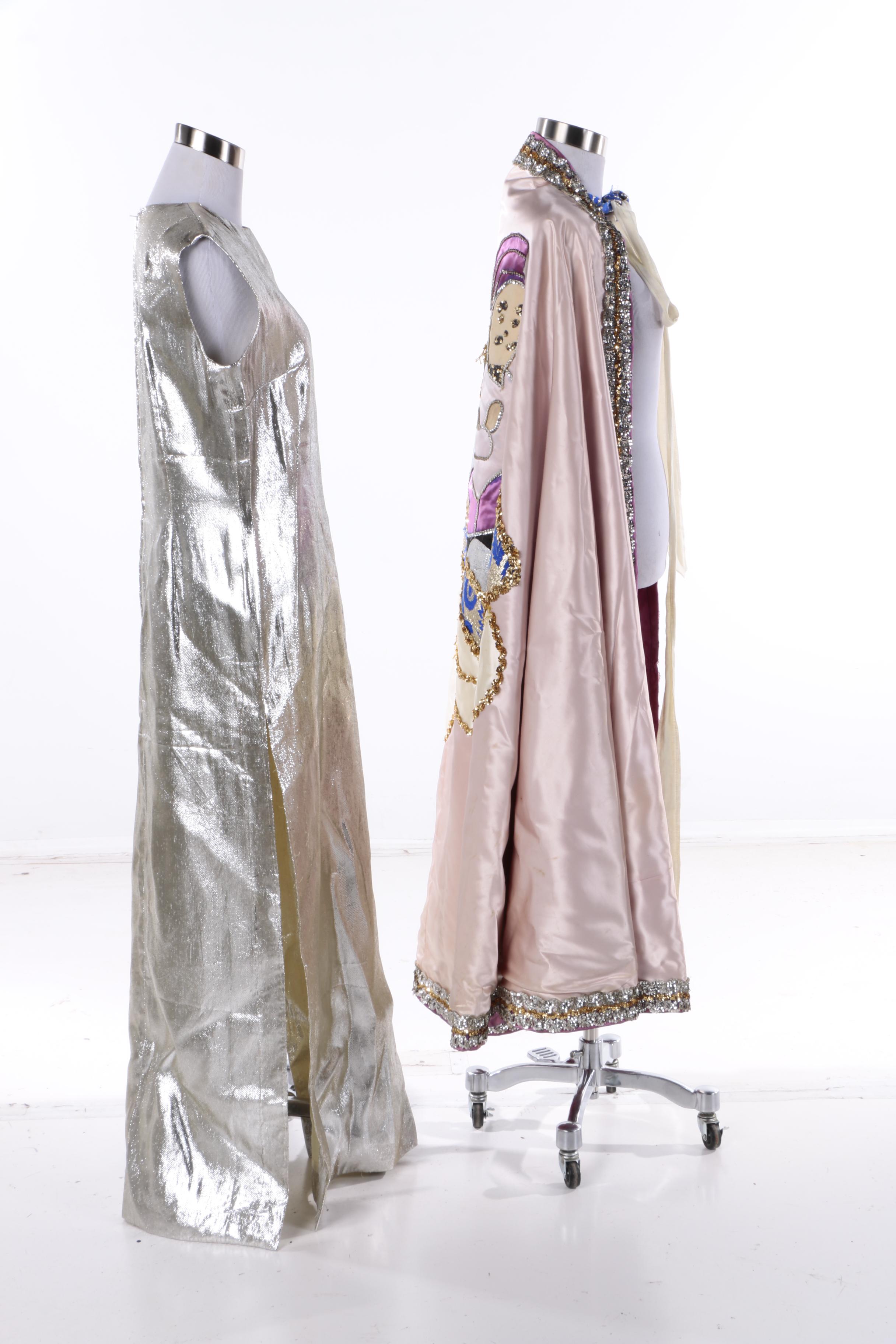 Theatrical Costume Silver Metallic Sleeveless Gown, Embellished Cape & Decor