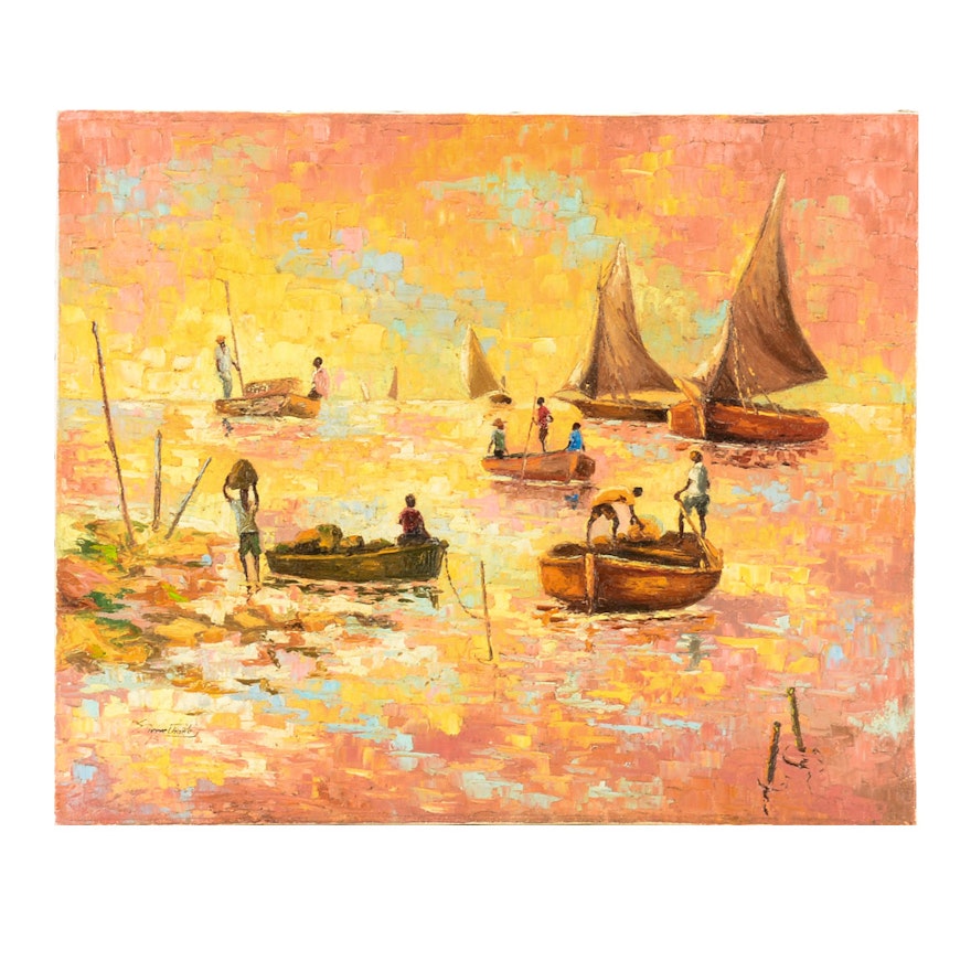 Emanuel Pierre-Charles Original Oil Painting on Canvas of Harbor Scene
