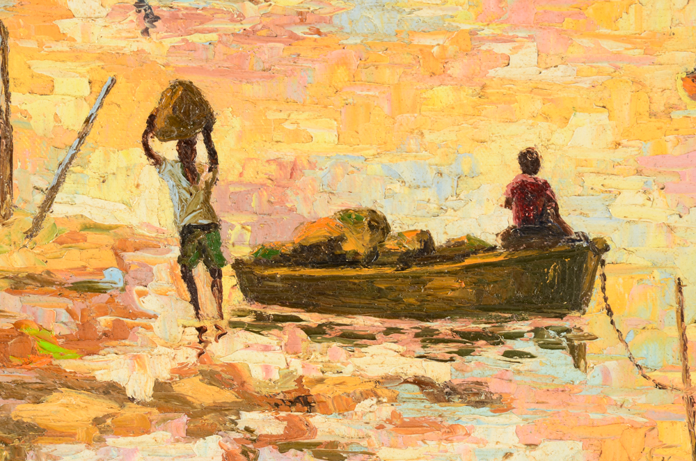 Emanuel Pierre-Charles Original Oil Painting on Canvas of Harbor Scene