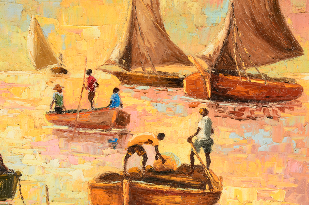 Emanuel Pierre-Charles Original Oil Painting on Canvas of Harbor Scene