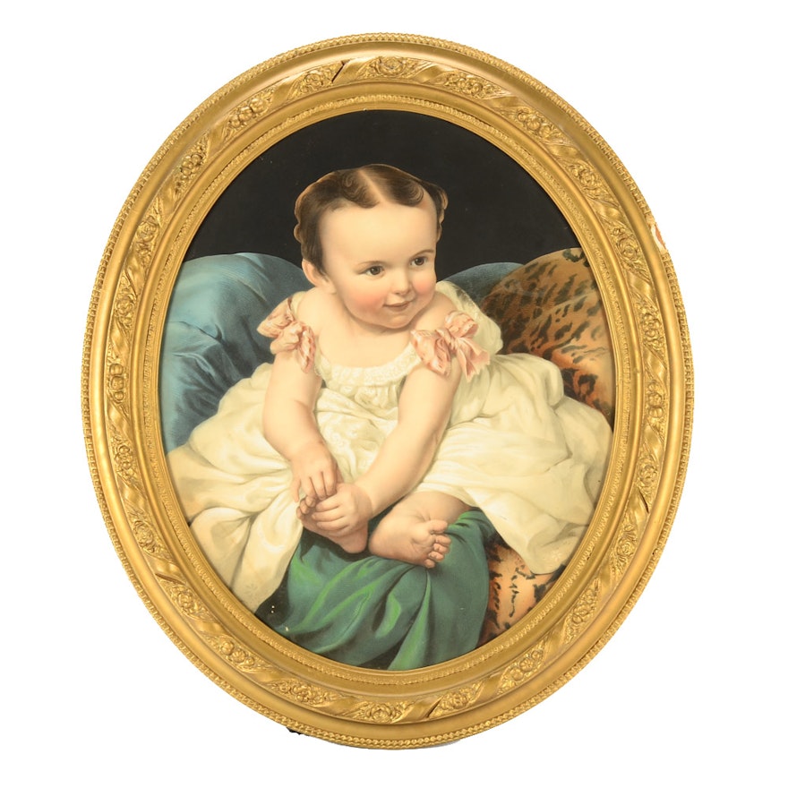 Vintage Lithograph Print of Infant with Pochoir and Hand-coloring