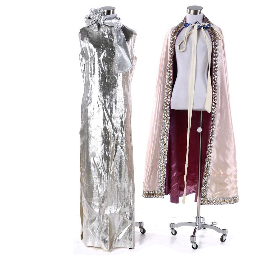 Theatrical Costume Silver Metallic Sleeveless Gown, Embellished Cape & Decor