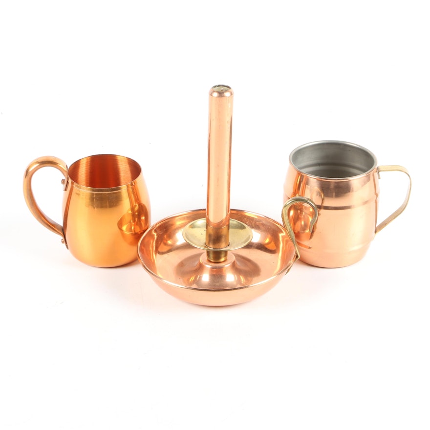 Copper Accented Chamberstick and Mugs including Solid Copper