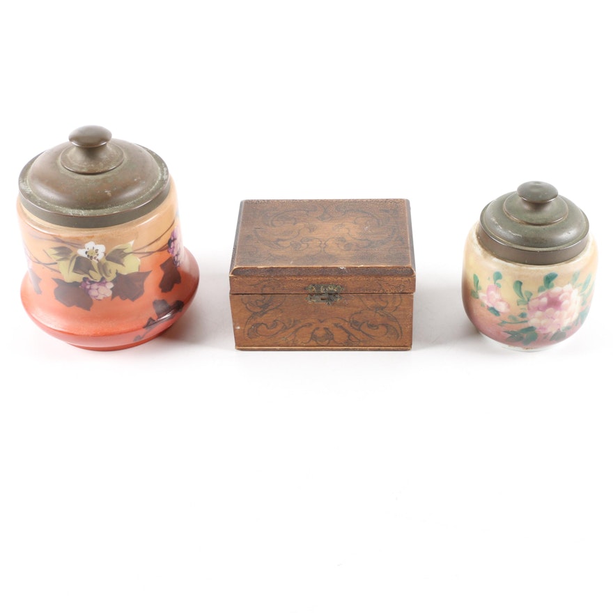 Vintage Painted Glass Jars and Decorative Wood Box