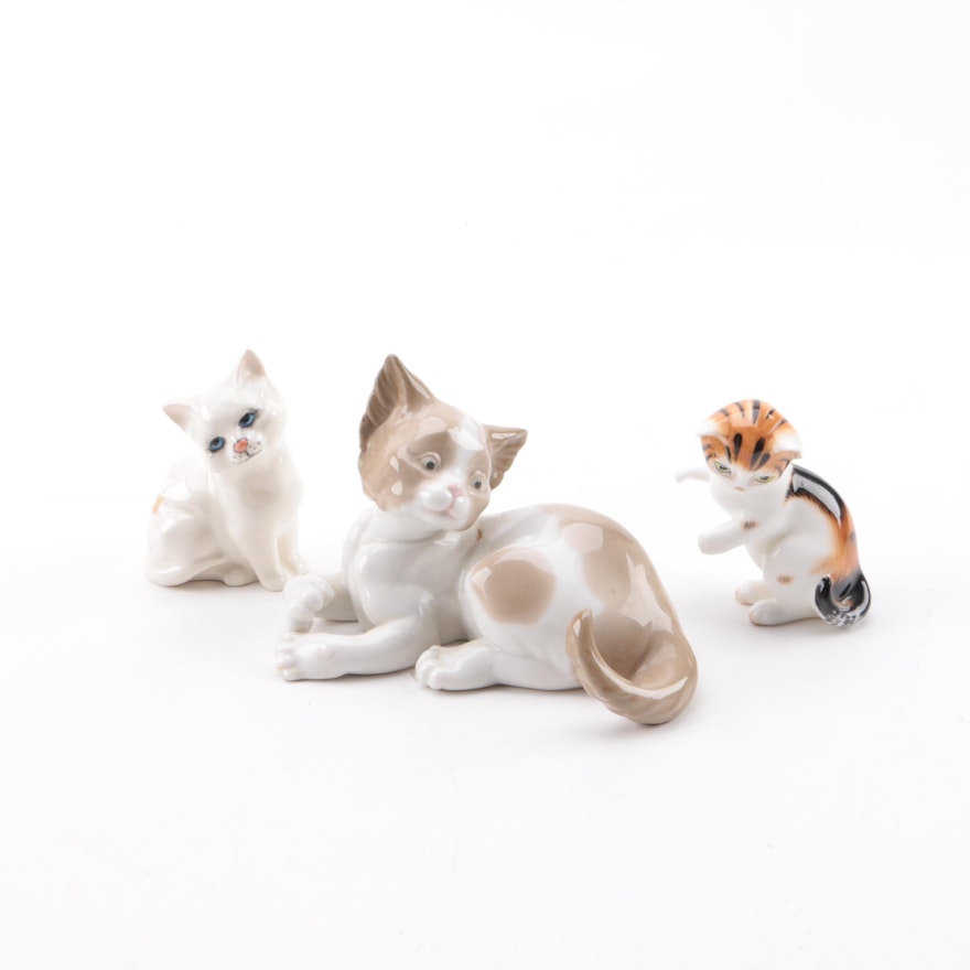 Vintage Porcelain Cat Figurines Including Lladró