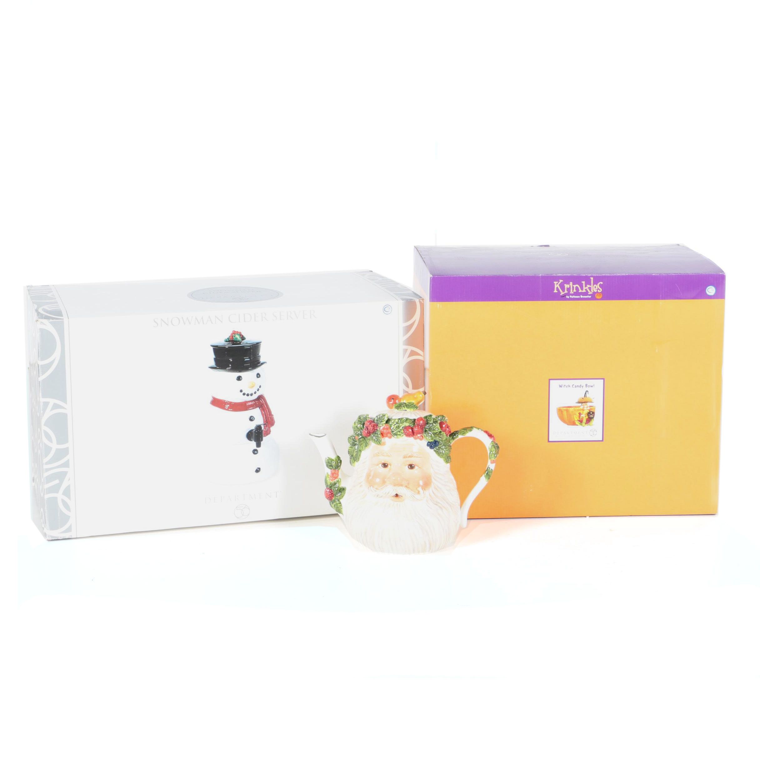 Department 56 Snowman Cider Server, Witch Candy Bowl and Santa Teapot