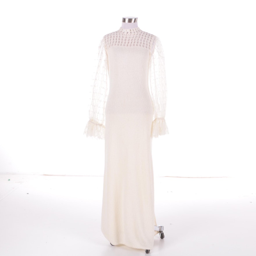 1980s St. John Ivory Knit Maxi Dress with Sheer Sleeves and Crochet Collar