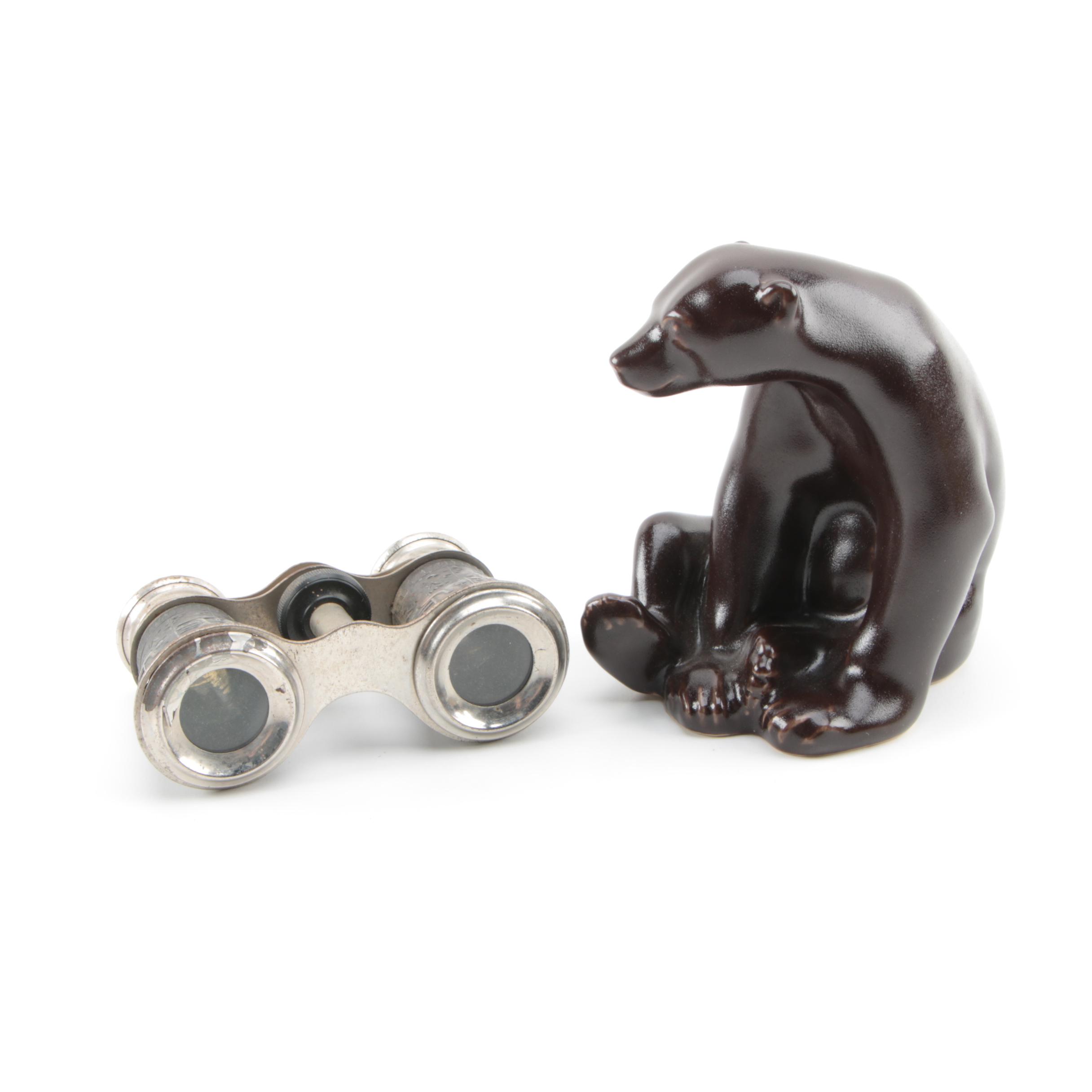 Contemporary Rookwood Pottery "Abel" Bear Figurine and Vintage Opera Glasses