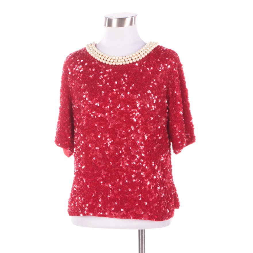 Vintage Just Fabulous Red Silk Sequined and Faux Pearl Evening Wear Top