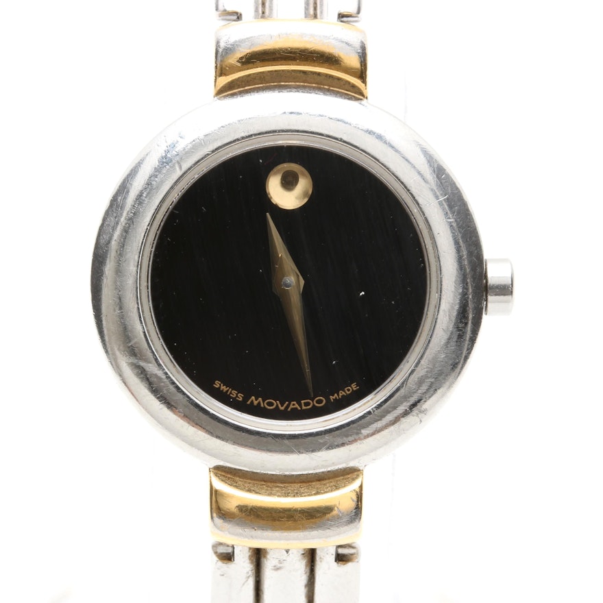 Movado Stainless Steel Black Dial Bangle Wristwatch