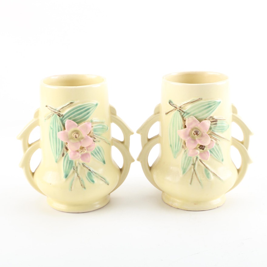 1940s McCoy Pottery "Blossom Time" Handled Vases