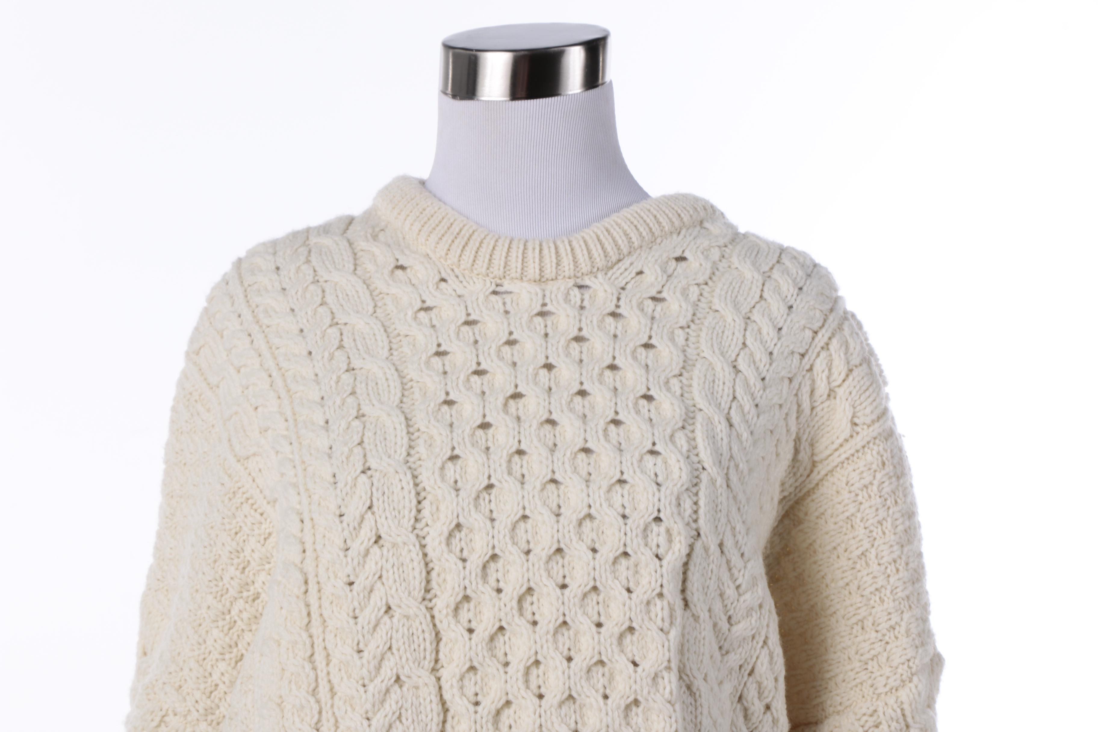 Women's Aran Woollen Mills Ivory Merino Wool Cable Knit Sweater, Made in Ireland