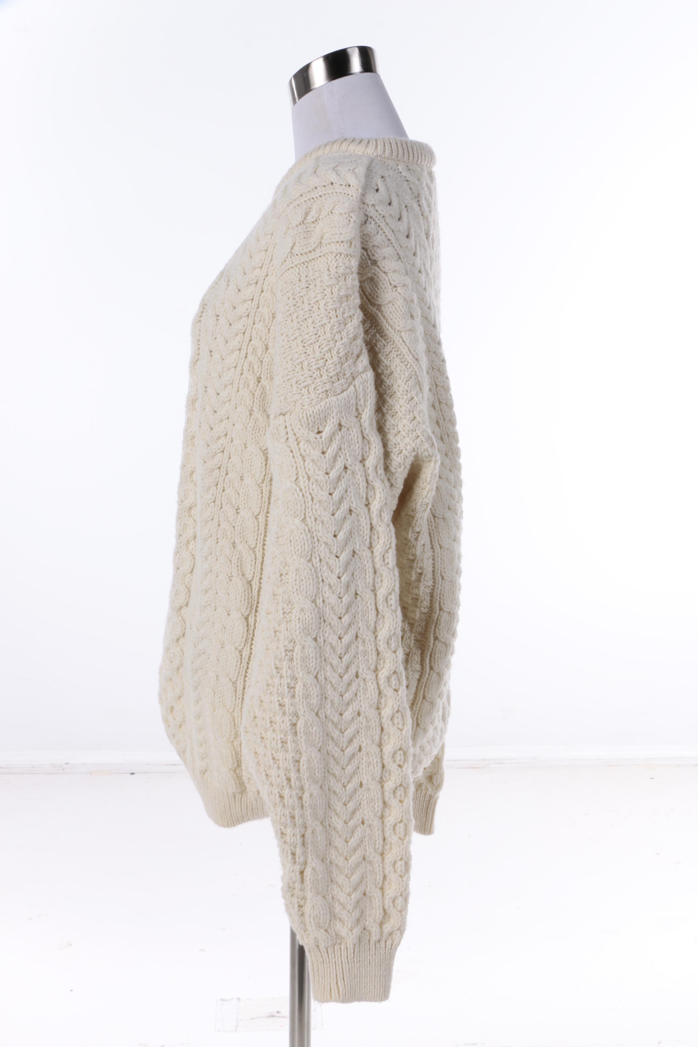 Women's Aran Woollen Mills Ivory Merino Wool Cable Knit Sweater, Made in Ireland