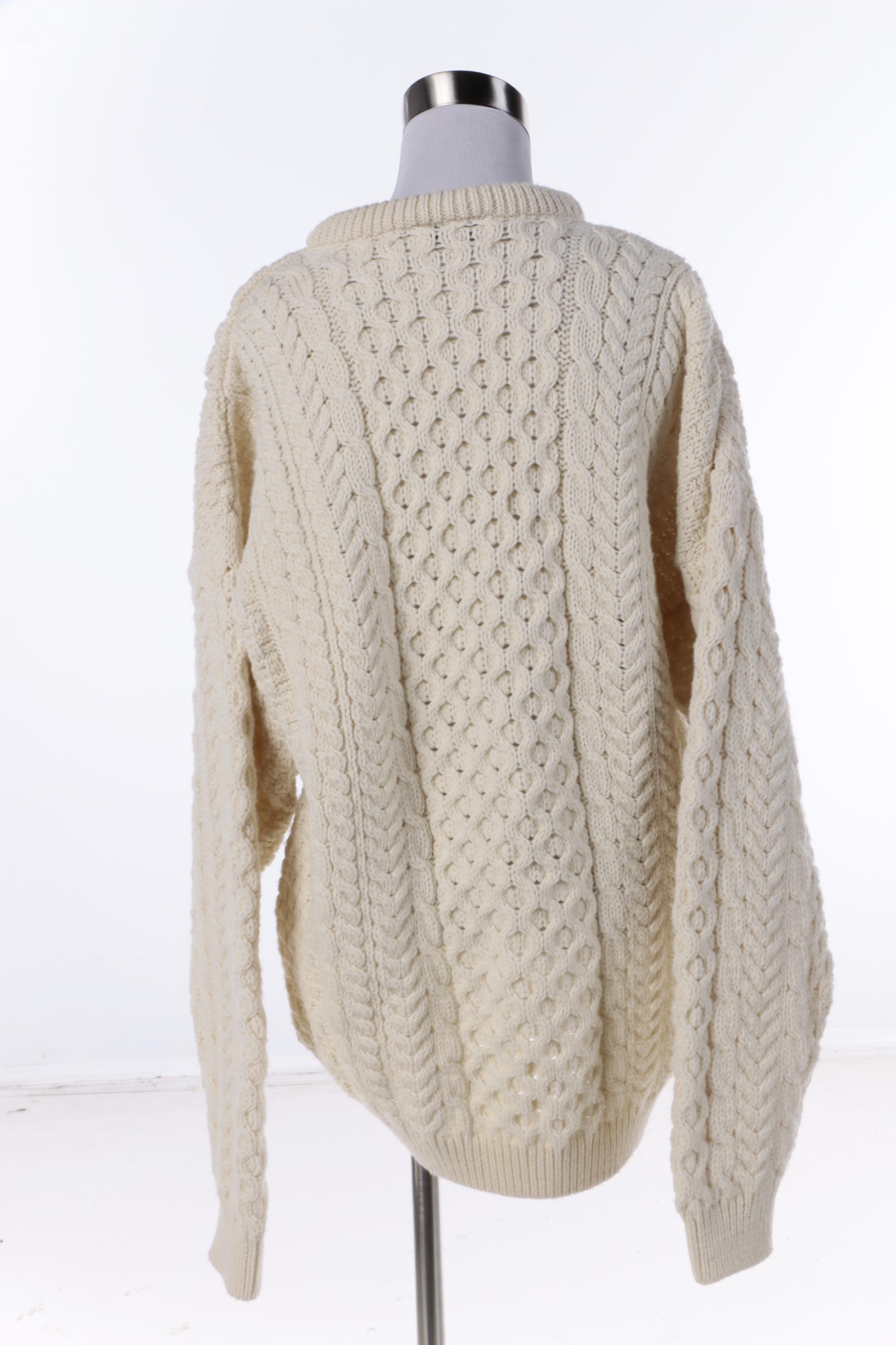 Women's Aran Woollen Mills Ivory Merino Wool Cable Knit Sweater, Made in Ireland