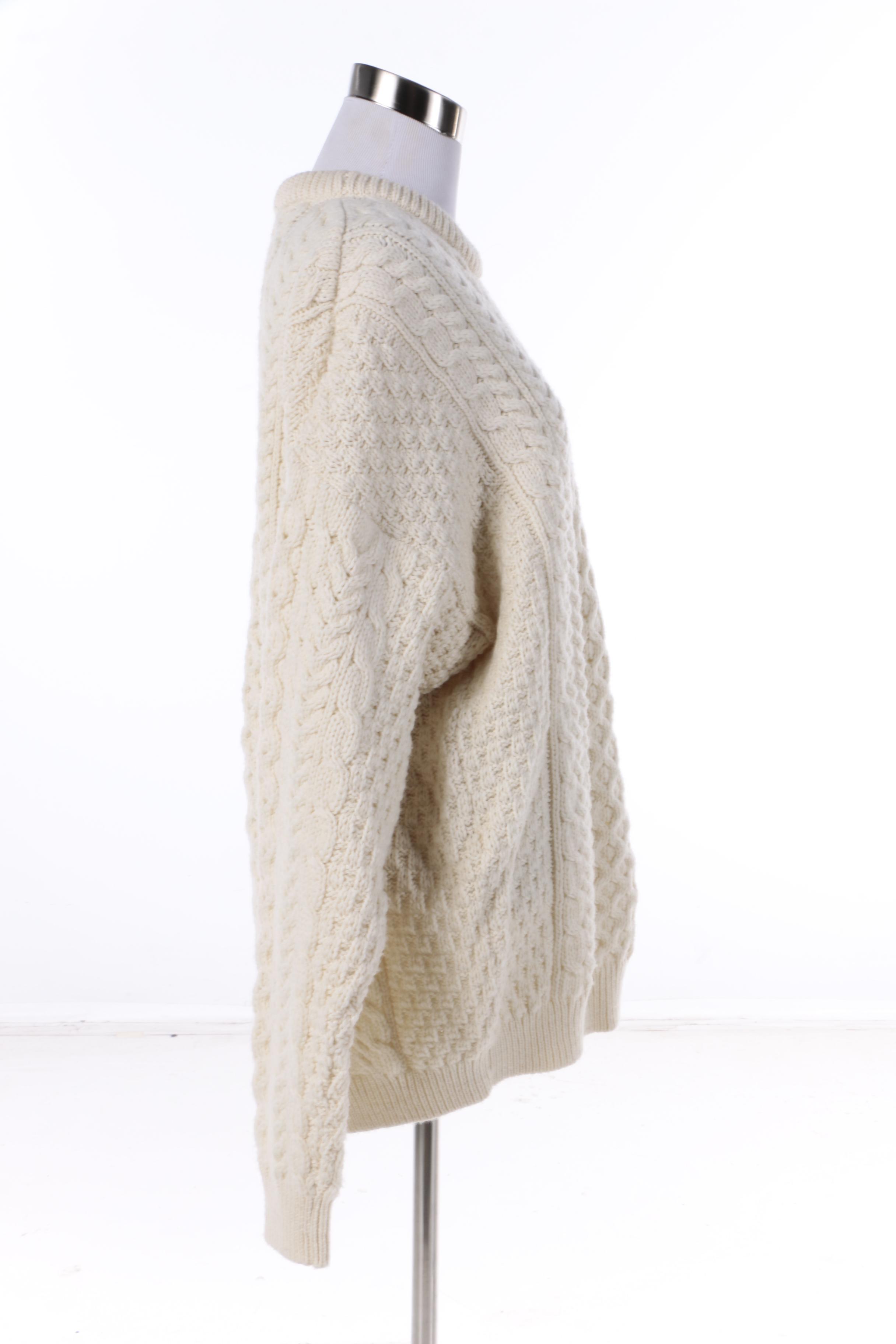 Women's Aran Woollen Mills Ivory Merino Wool Cable Knit Sweater, Made in Ireland