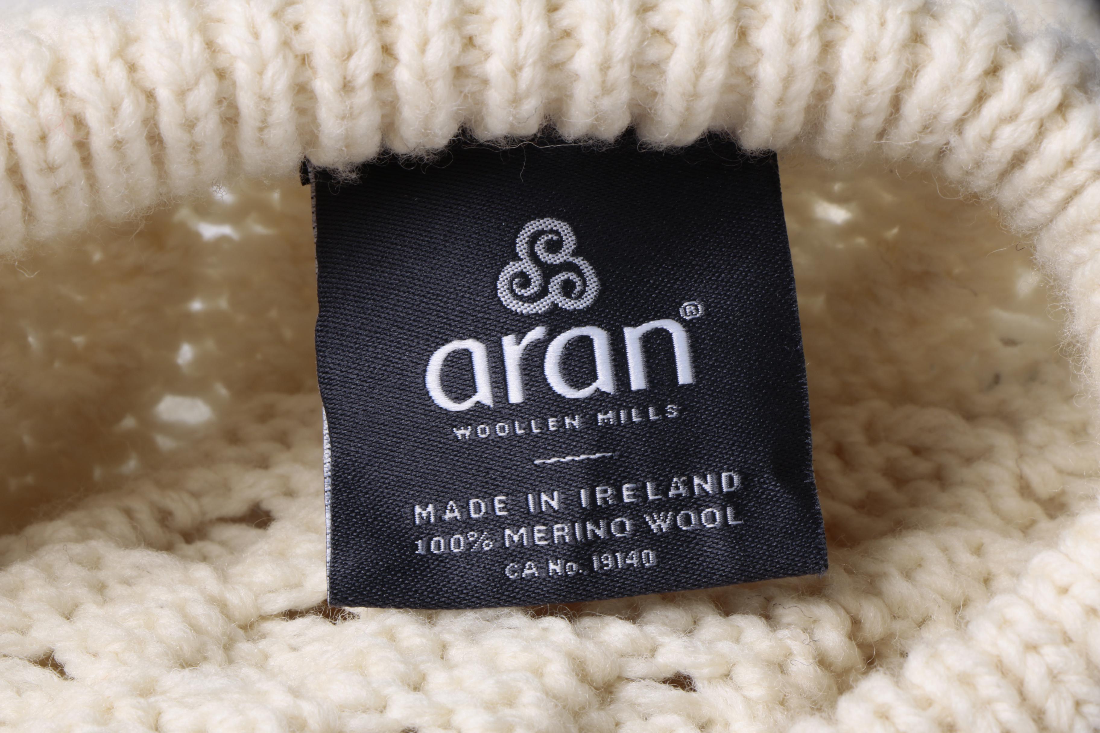 Women's Aran Woollen Mills Ivory Merino Wool Cable Knit Sweater, Made in Ireland