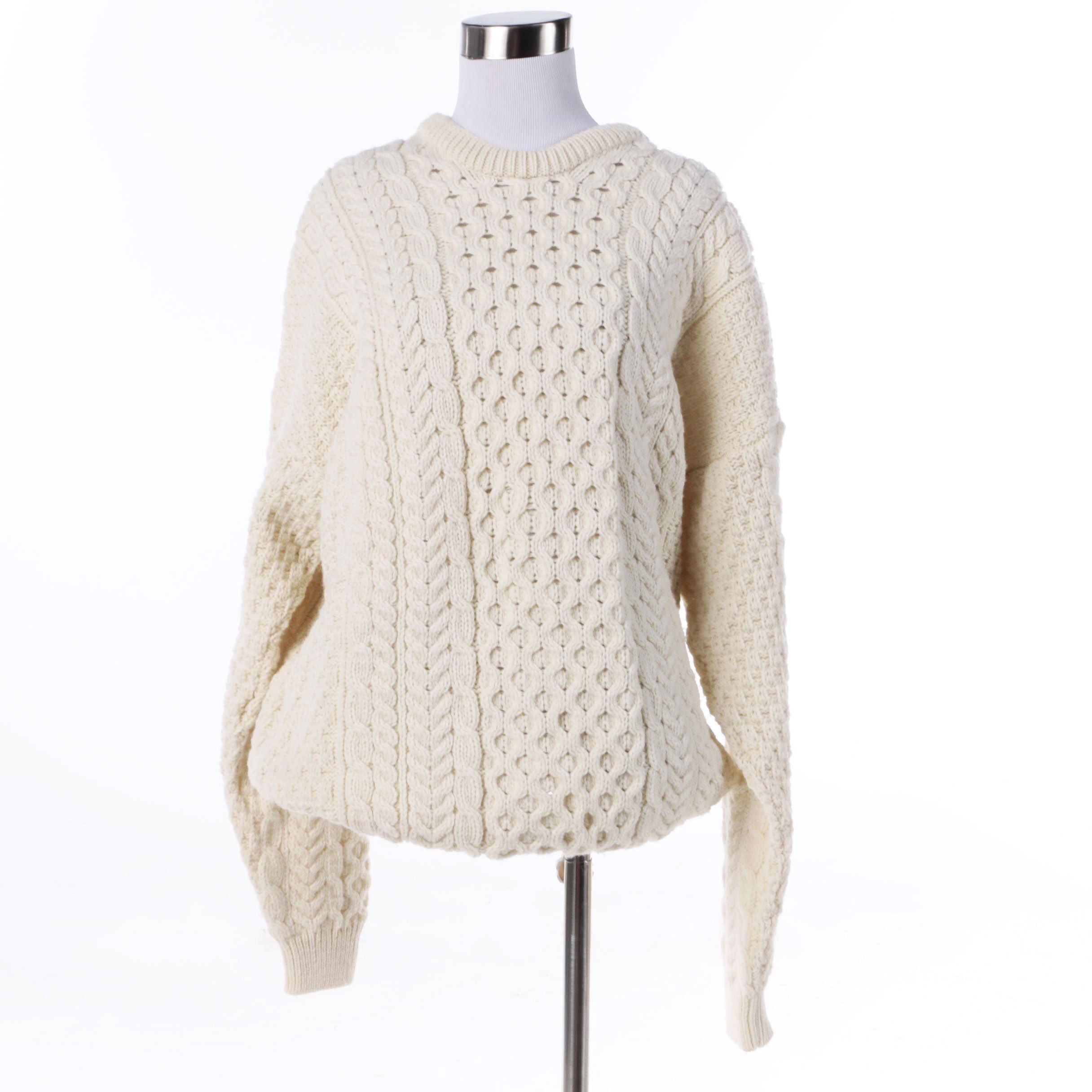 Women's Aran Woollen Mills Ivory Merino Wool Cable Knit Sweater, Made in Ireland