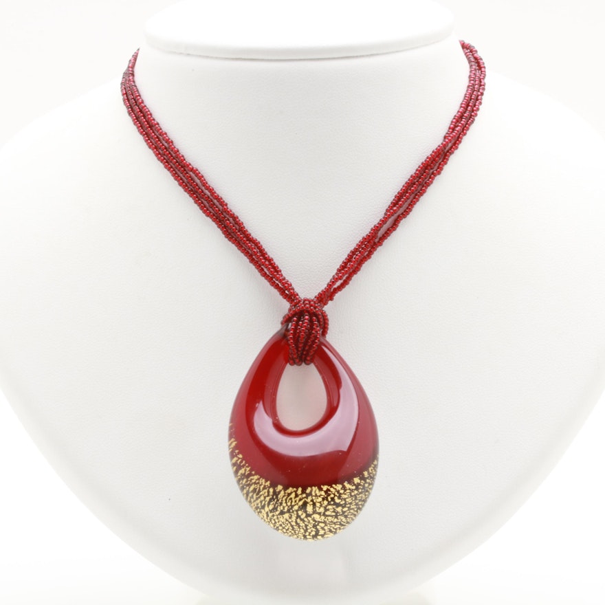 14K Yellow Gold Murano Glass Pendant Necklace