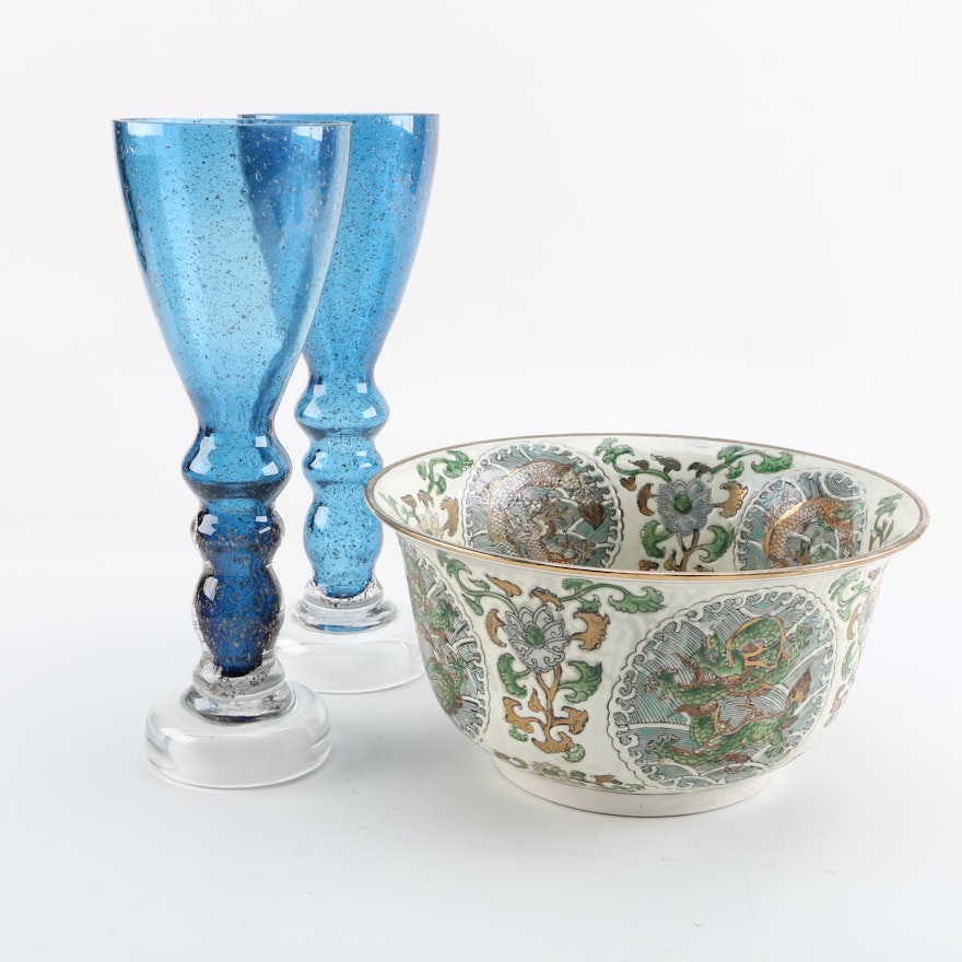 Chinese Hand-Painted Porcelain Bowl and Glass Candleholders
