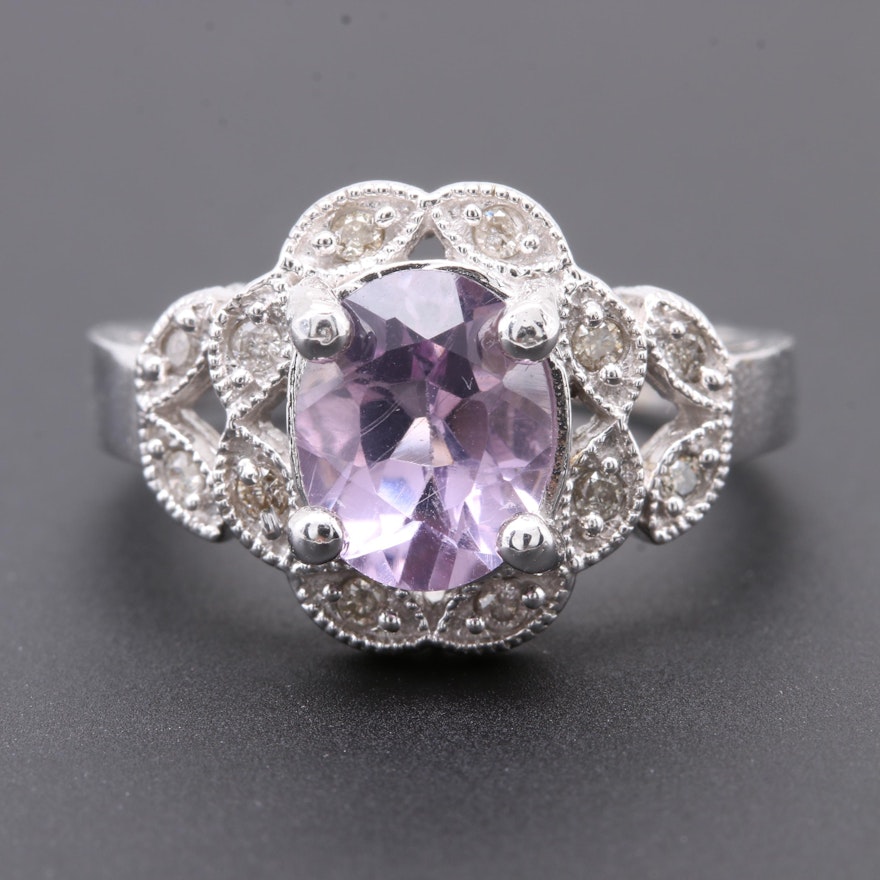 14K White Gold Amethyst and Diamond Ring