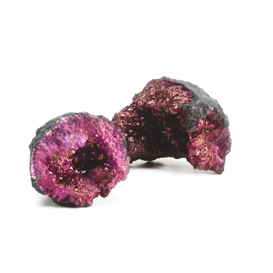 Pair of Purple Dyed Quartz Crystal Moroccan Geodes