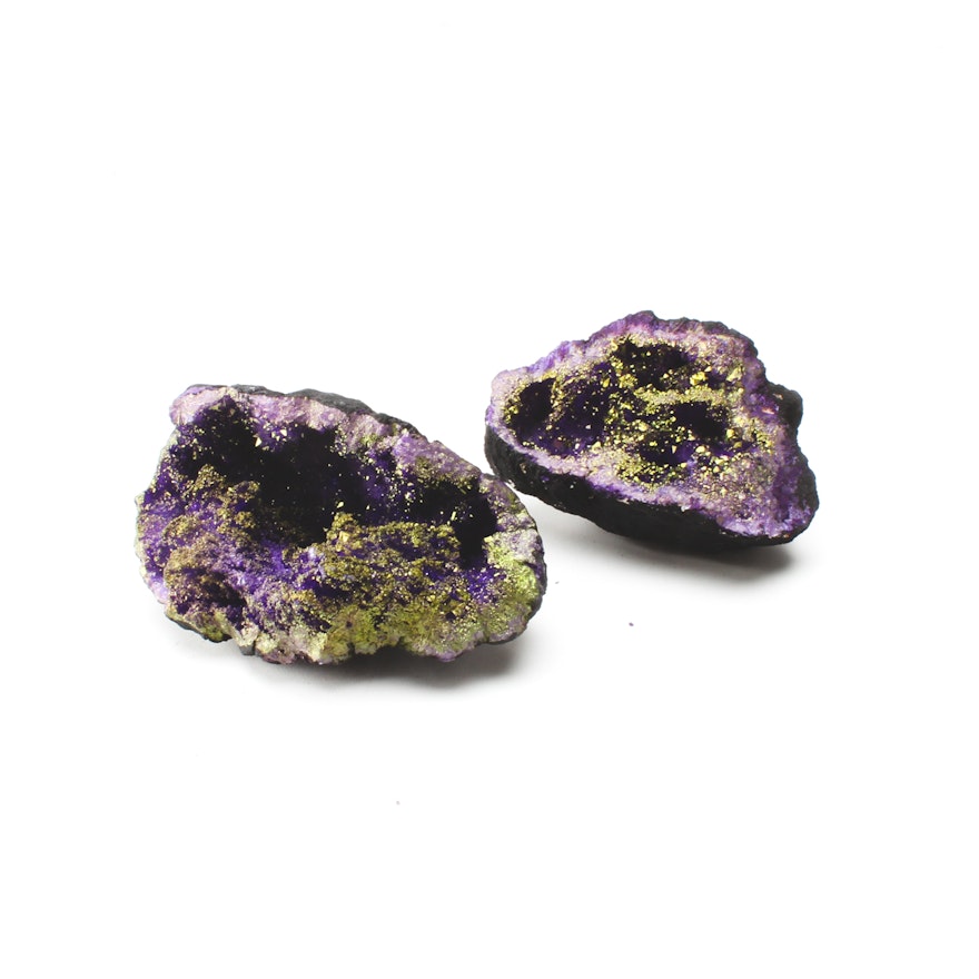 Pair of Moroccan Iridescent Purple Aura Quartz Geodes