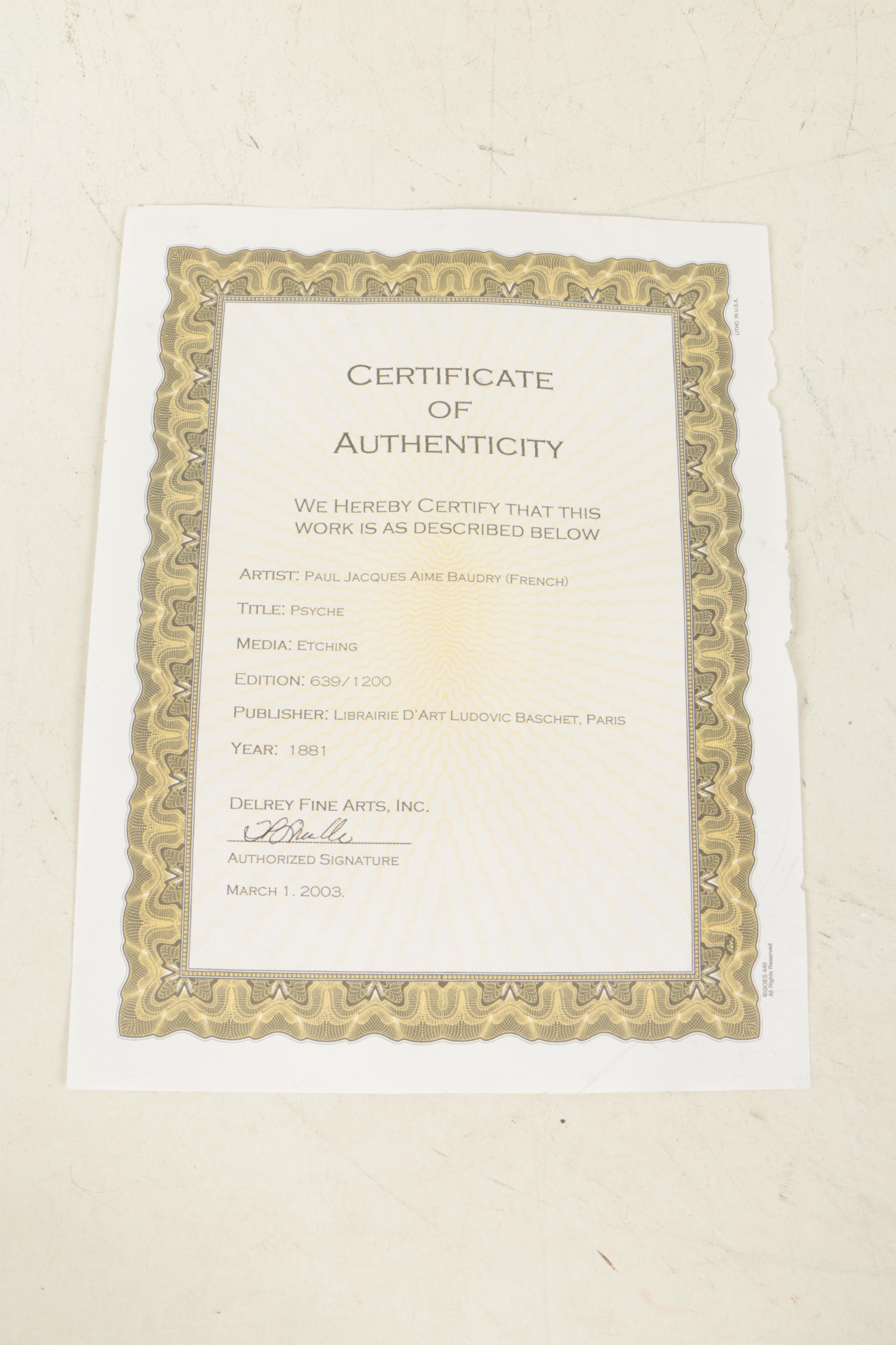 Eugene-Andre Champollion Etching After P. Baudry "Psyche"