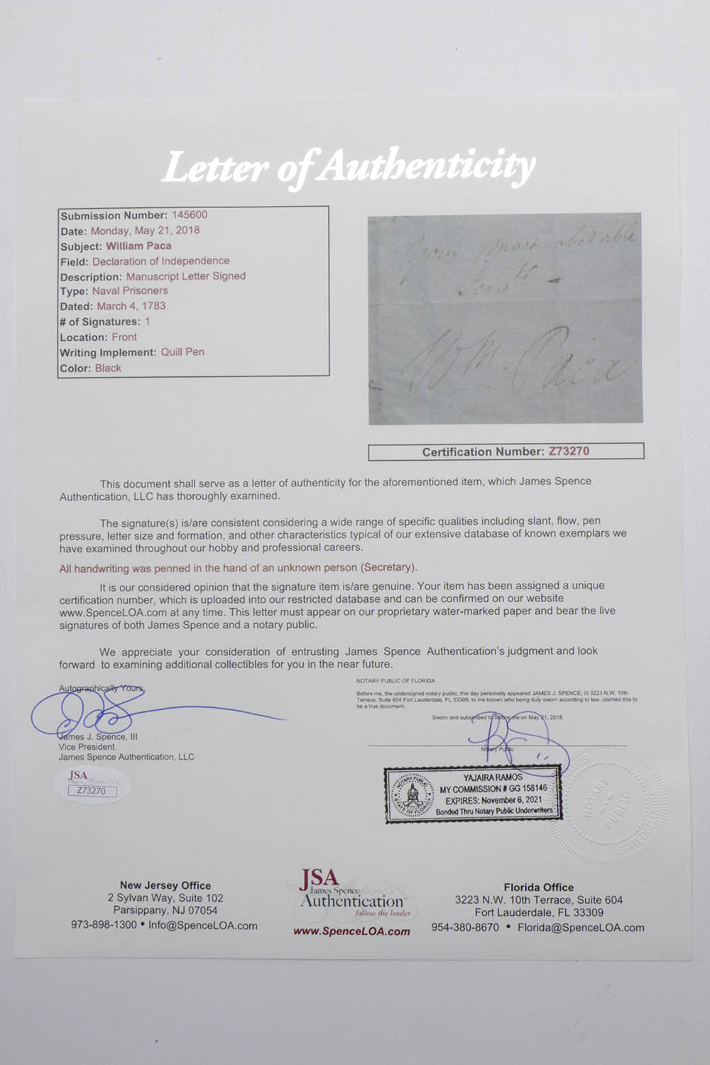 William Paca Manuscript Letter Signed March 4, 1783