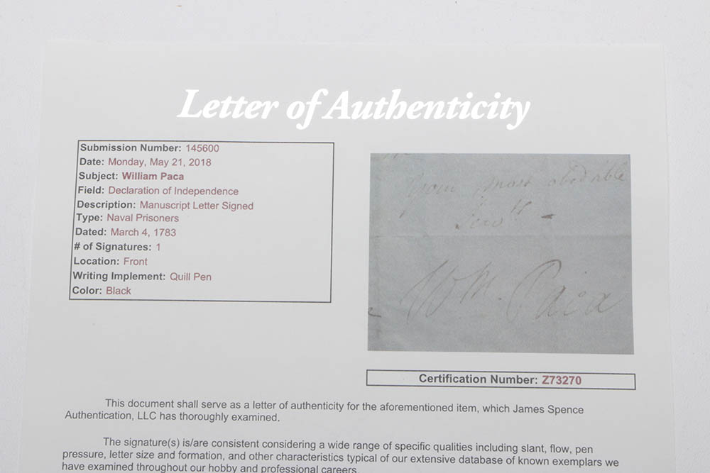 William Paca Manuscript Letter Signed March 4, 1783