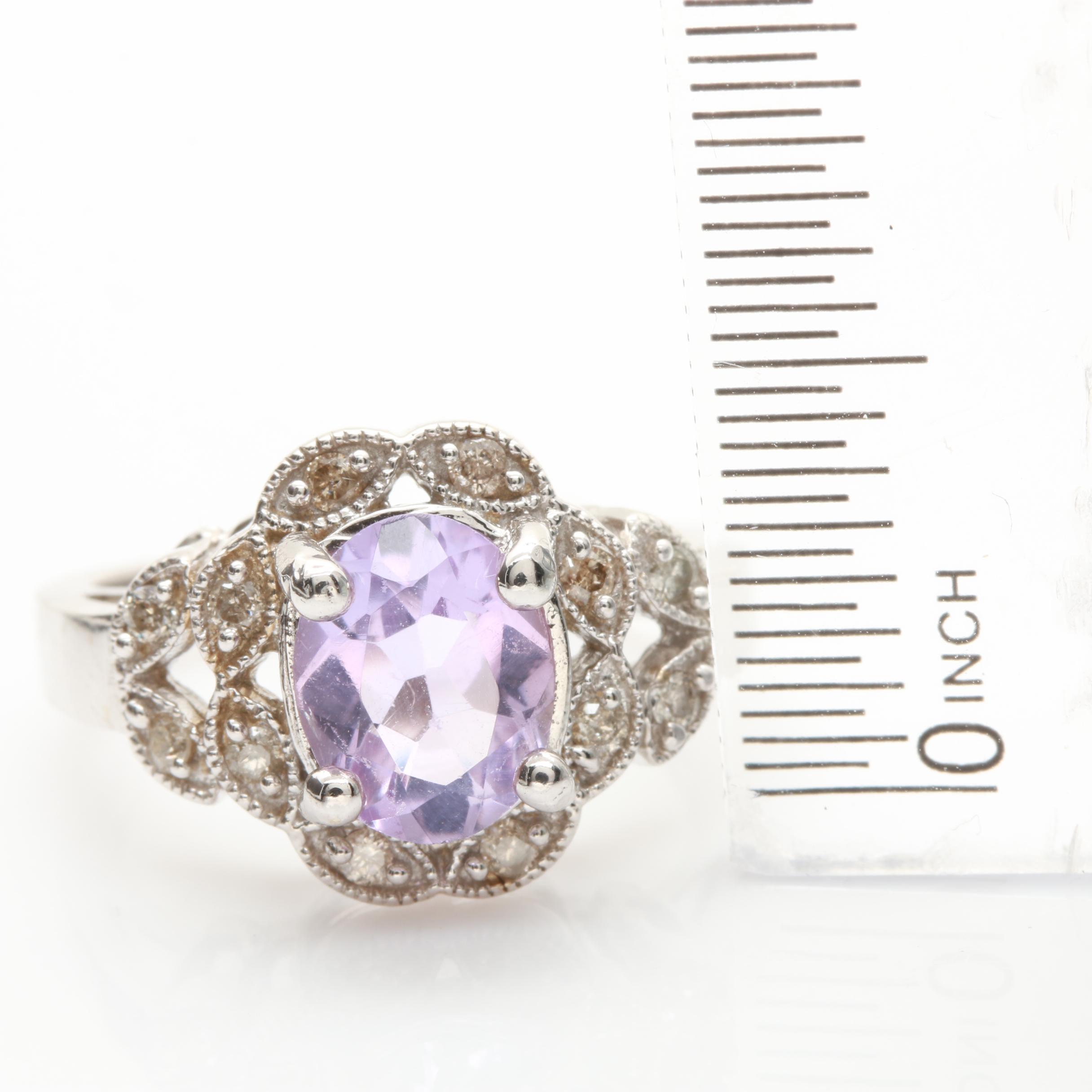 14K White Gold Amethyst and Diamond Ring