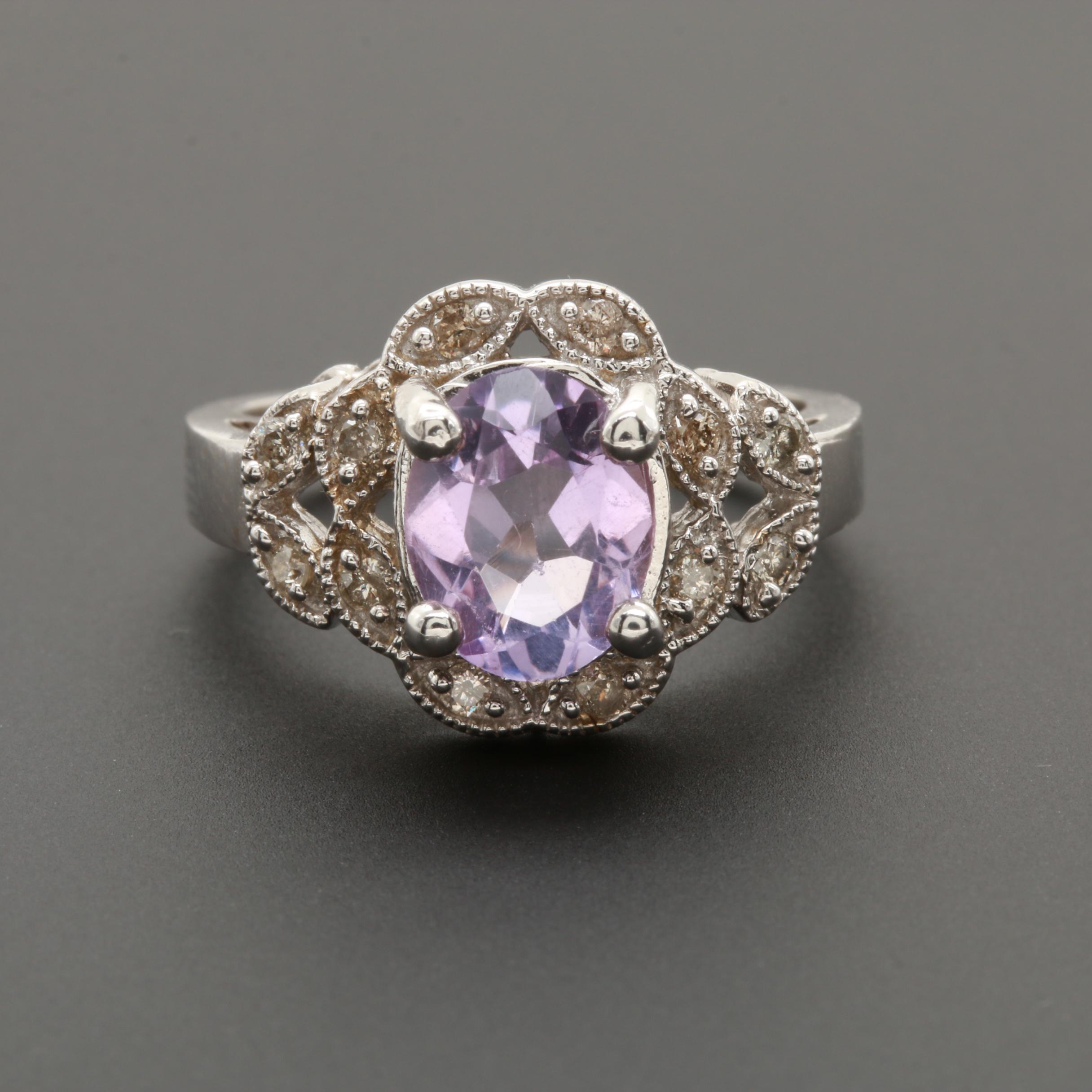14K White Gold Amethyst and Diamond Ring