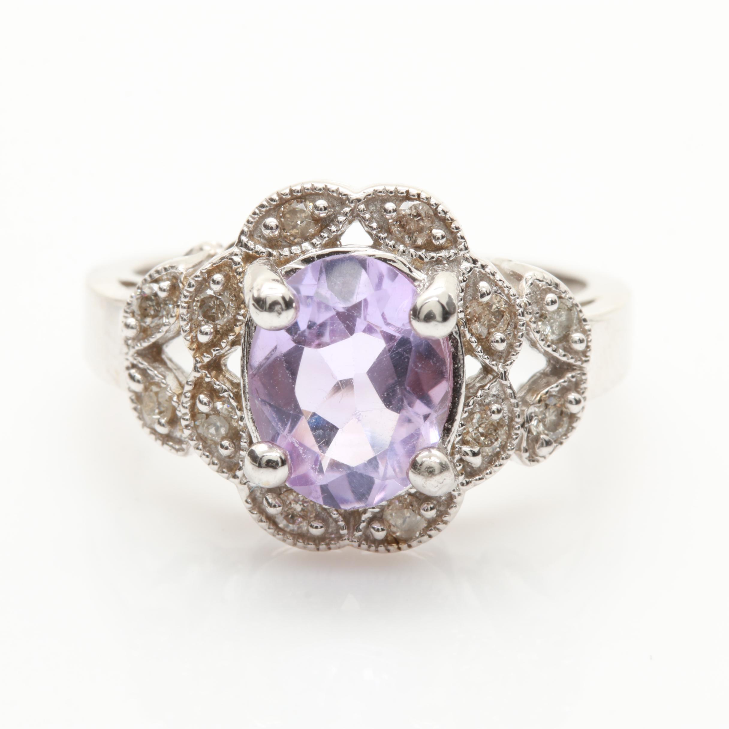 14K White Gold Amethyst and Diamond Ring