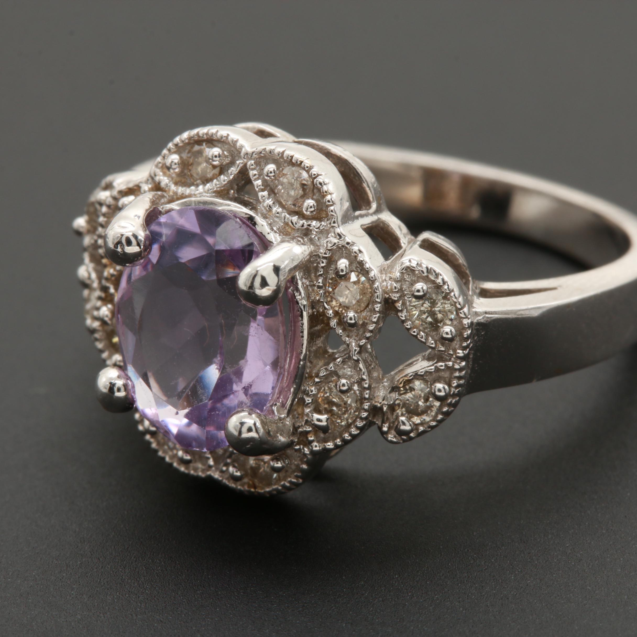 14K White Gold Amethyst and Diamond Ring