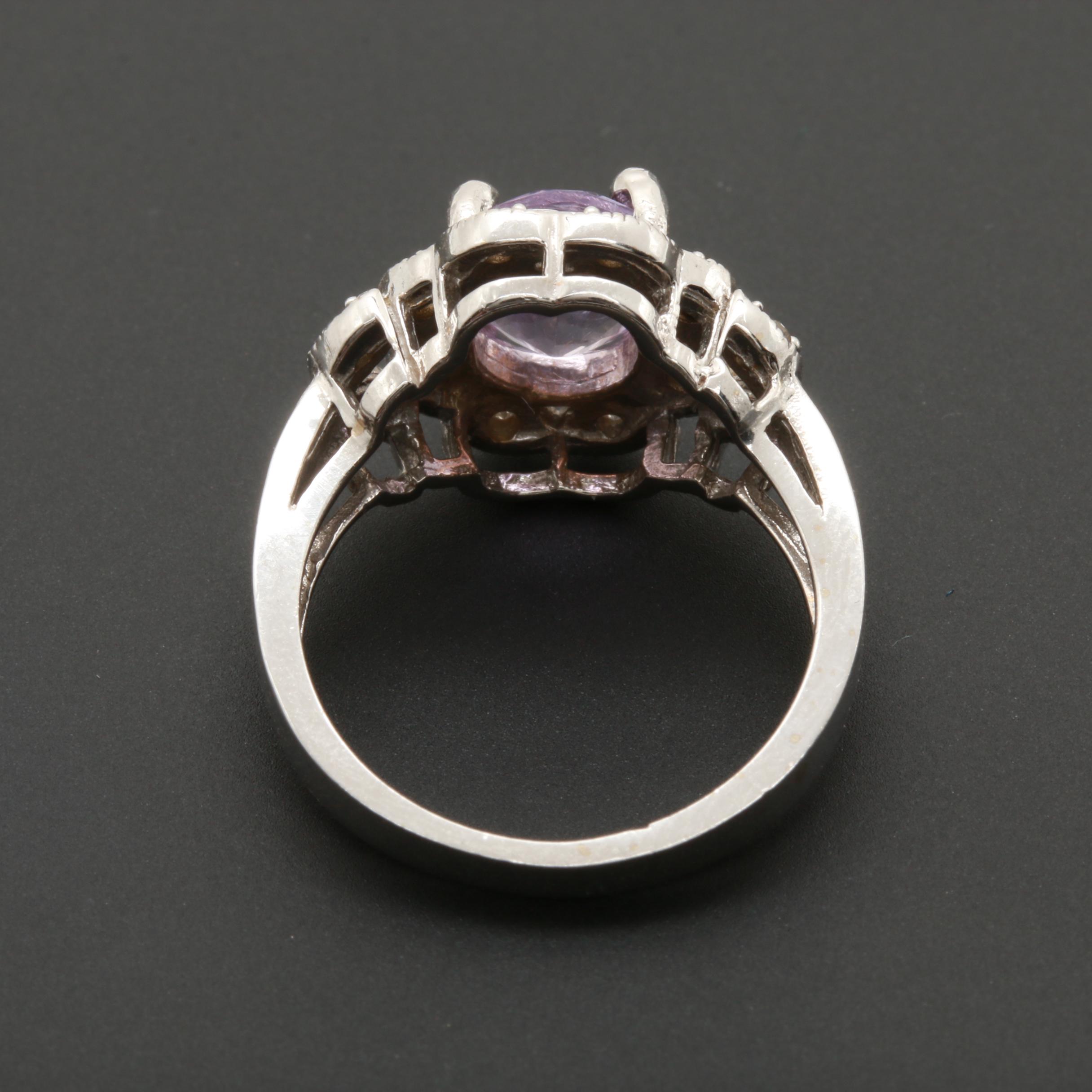 14K White Gold Amethyst and Diamond Ring