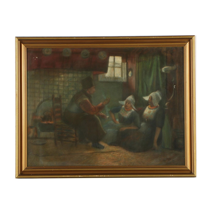 Early 20th Century Pastel Drawing of Interior Scene with Figures Conversing