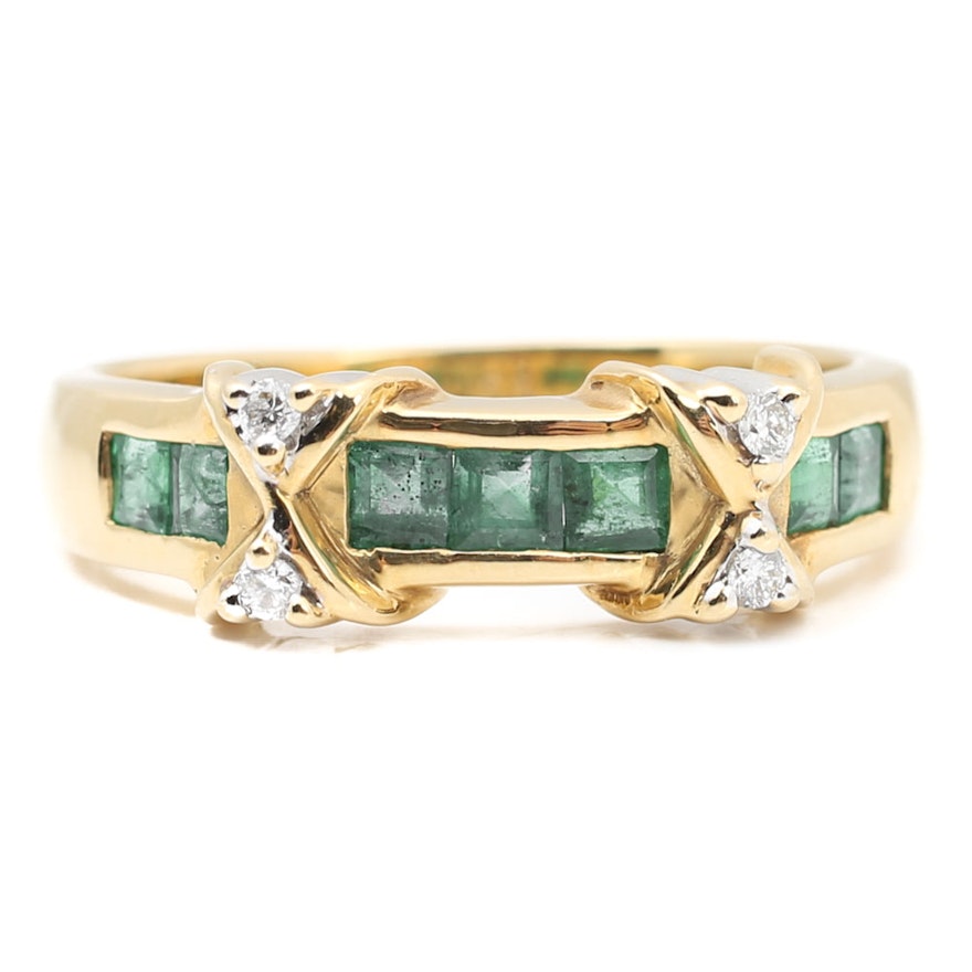 18K Yellow Gold Channel Set Emerald and Diamond Ring
