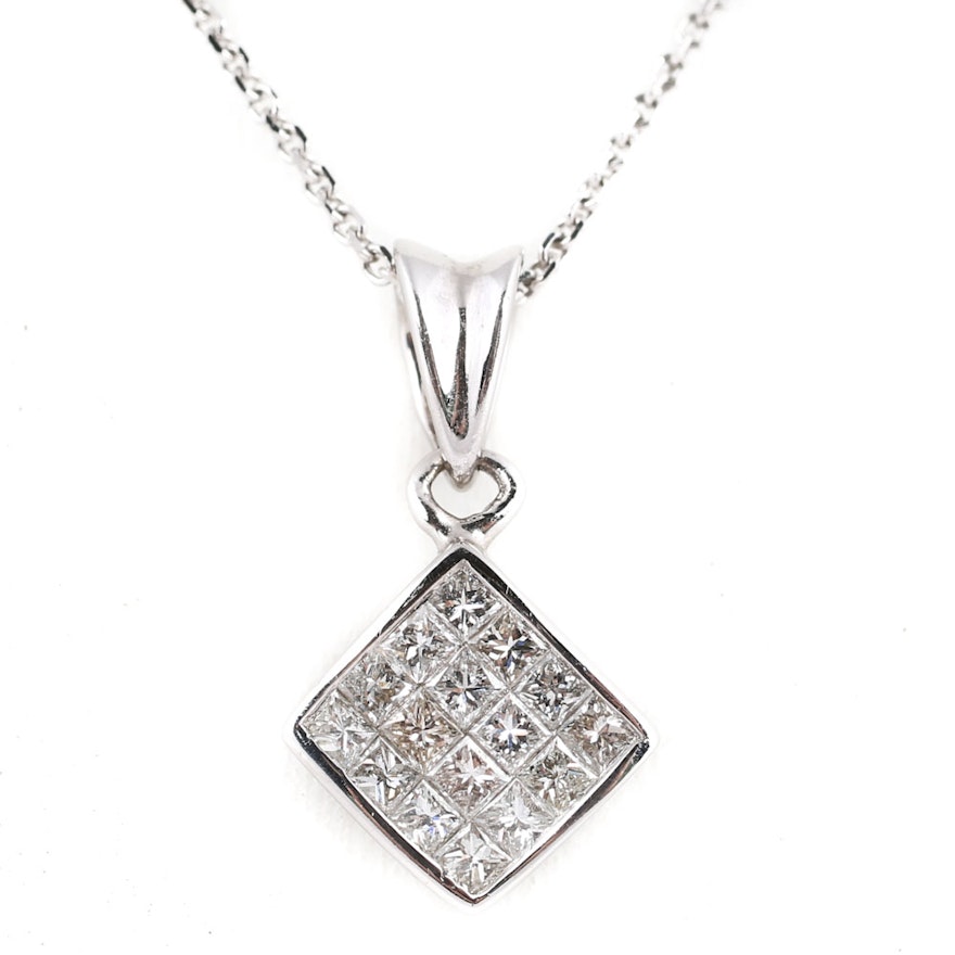 14K White Gold Princess Cut Diamond Pendant Necklace