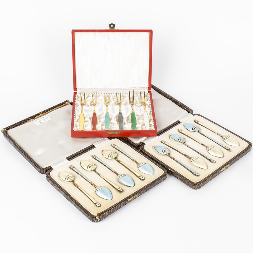 Danish and English Enameled Sterling Flatware with Presentation Cases