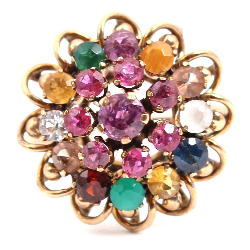 Vintage 14K Yellow Gold Gemstone Cluster Ring