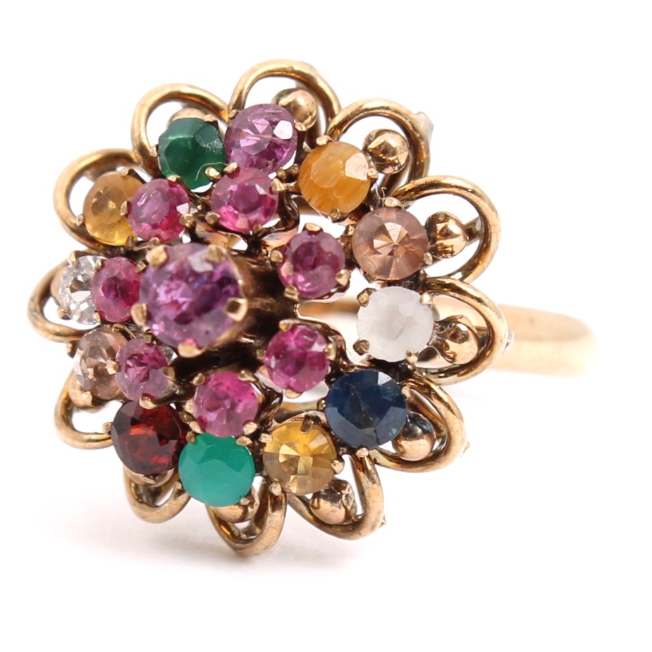 Vintage 14K Yellow Gold Gemstone Cluster Ring