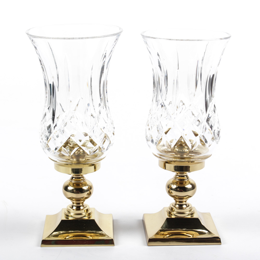 Waterford Crystal "Lismore" Hurricane Candlesticks with Brass Bases