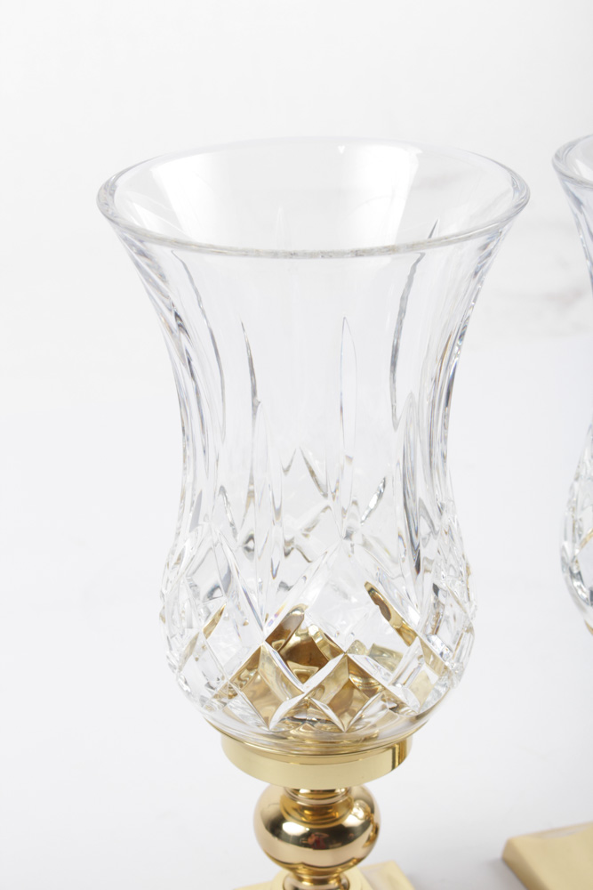 Waterford Crystal "Lismore" Hurricane Candlesticks with Brass Bases