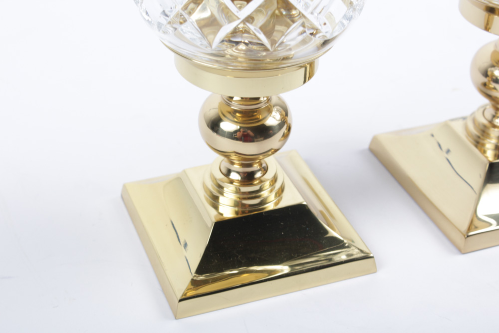 Waterford Crystal "Lismore" Hurricane Candlesticks with Brass Bases