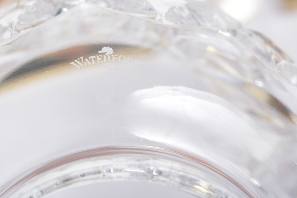 Waterford Crystal "Lismore" Hurricane Candlesticks with Brass Bases