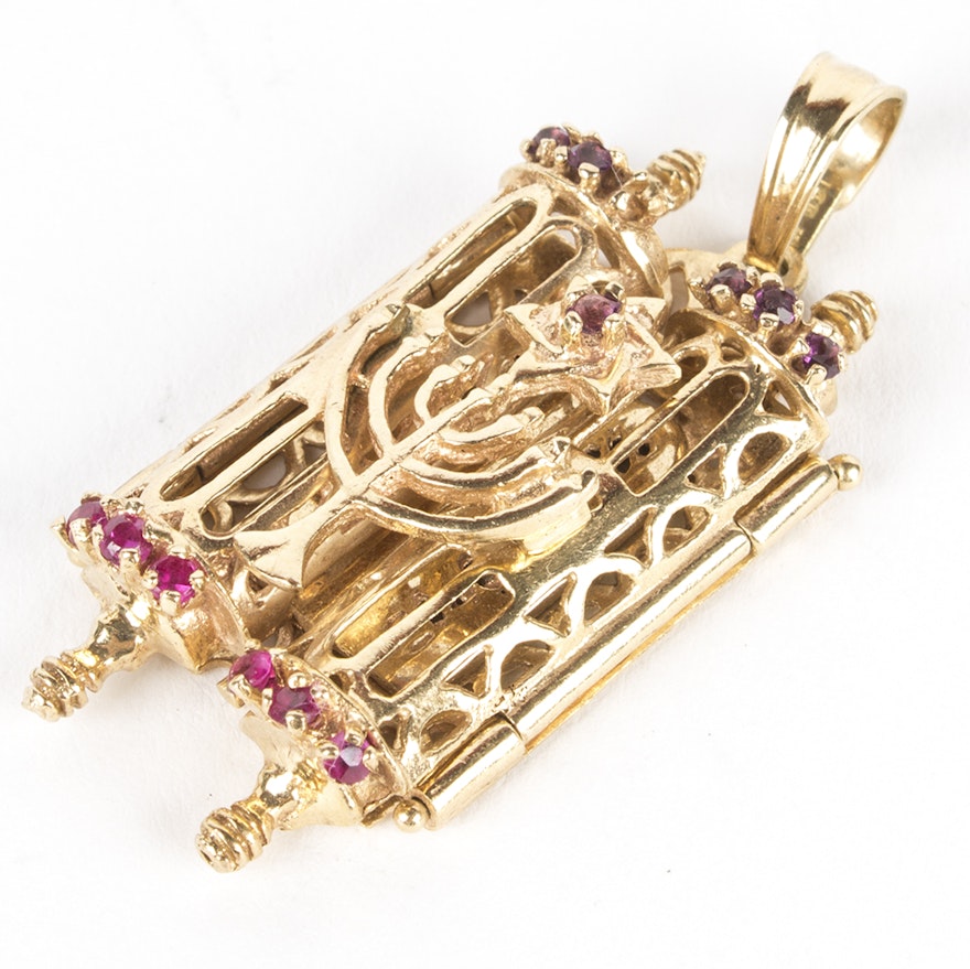 14K Yellow Gold Torah Scroll Pendant with Star and Menorah Featuring Sapphires