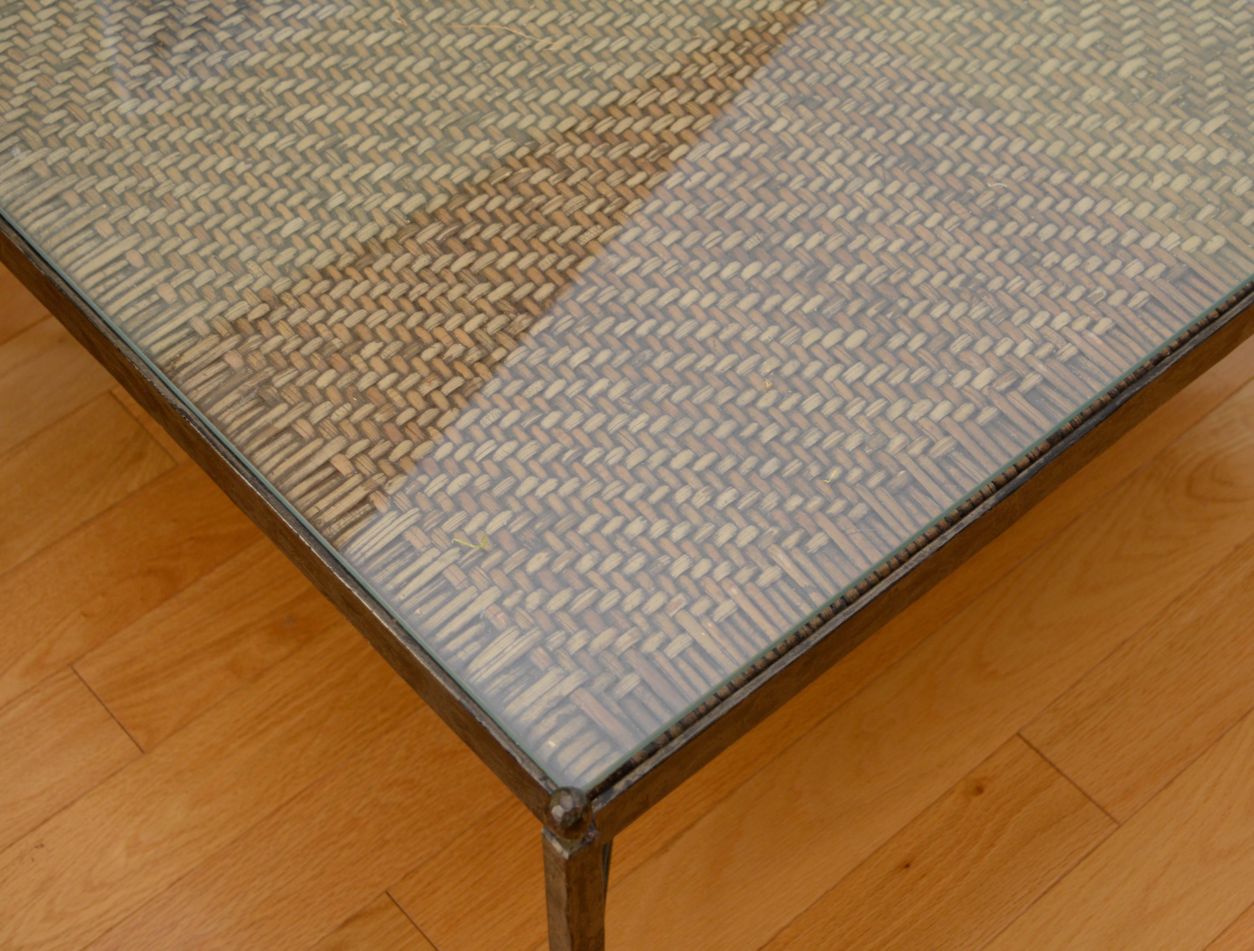 Glass Top Rattan and Metal Cocktail Table